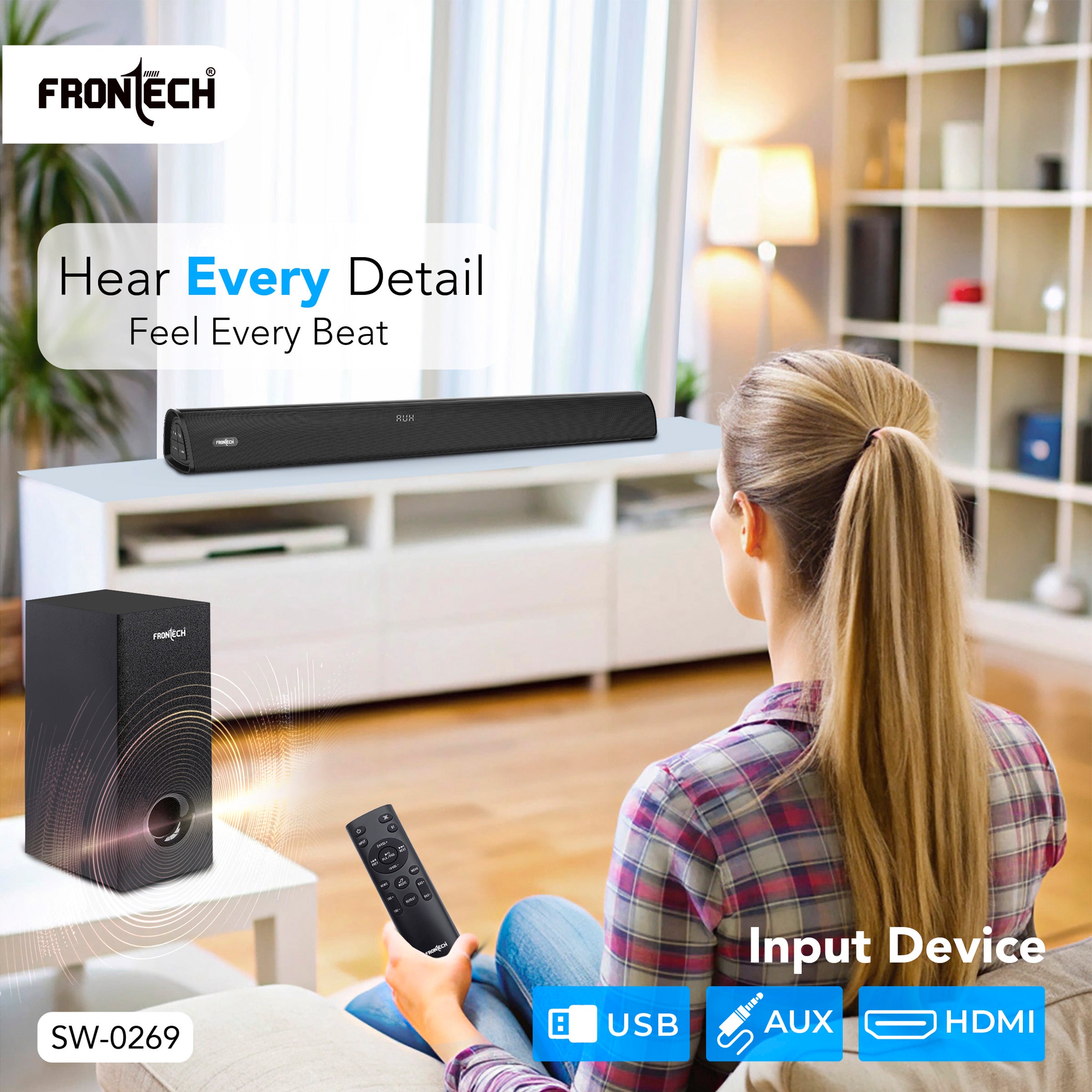 Frontech EchoMax-269 2.1 Channel Soundbar | Bluetooth 5.3 | Wireless Connectivity | 200W | Powerful Bass (SW-0269) Frontech EchoMax-269 2.1 Channel Soundbar | Bluetooth 5.3 | Wireless Connectivity | 200W | Powerful Bass (SW-0269)